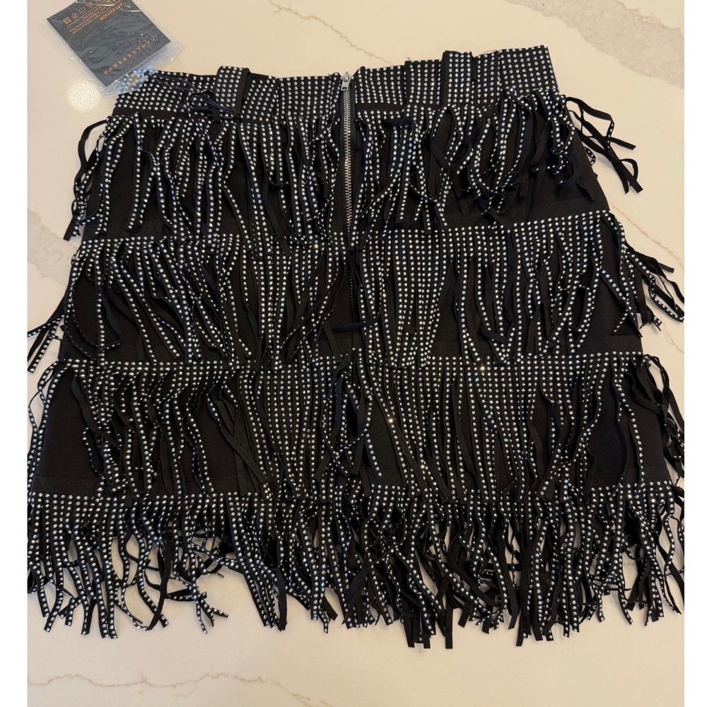 Huo Huo Womens Black Rhinestone Tiered Fringe Mini Skirt Size M 6659 New - Picture 4 of 9